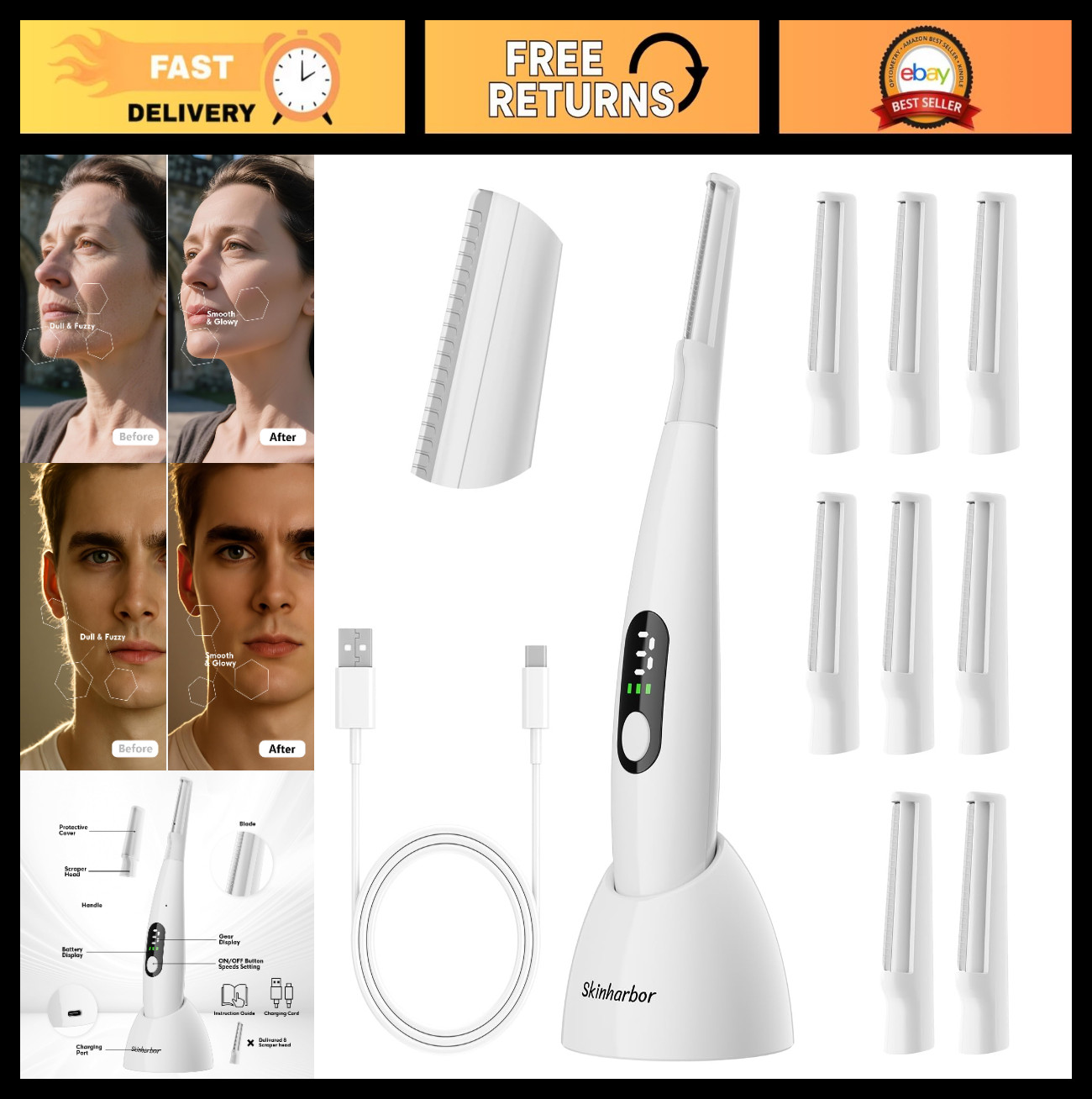 Sonic Dermaplaning Razor for Women – Facial Exfoliation, Peach Fuzz Removal, 3 S