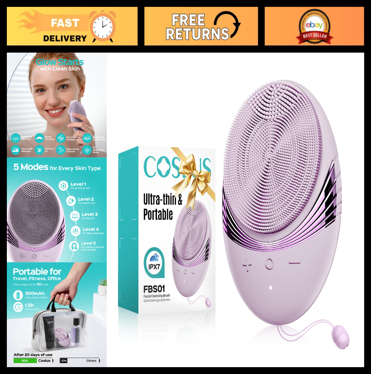 Compact Rechargeable Facial Cleansing Brush – Silicone Scrubber, 5 Modes, Deep C