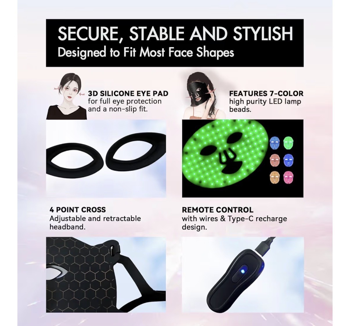 Silicone LED Facial Mask Light Therapy Device 7 Color USB Rechargeable Black
