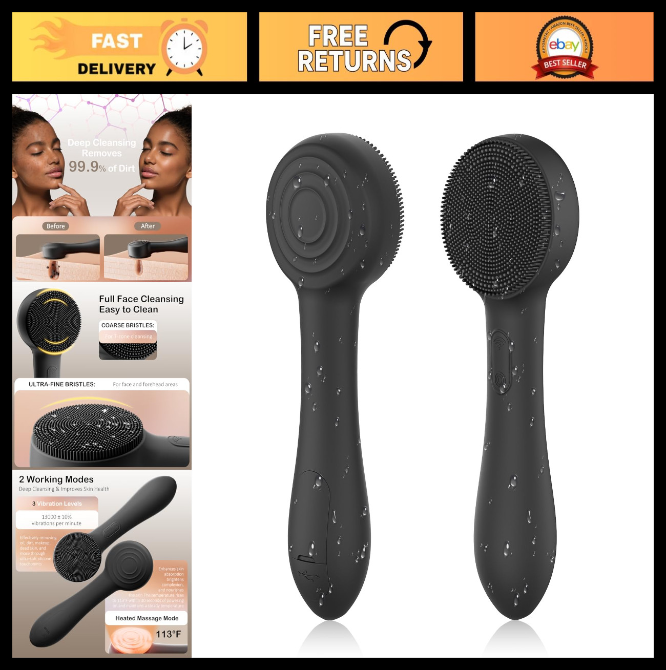 Rechargeable Silicone Facial Cleansing Brush, Waterproof Exfoliator & Massager,