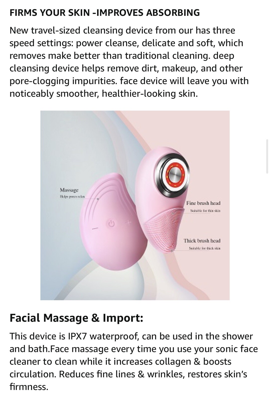 Facial Cleansing Brush Face Massager Electric w/soft silicone waterproof sonic