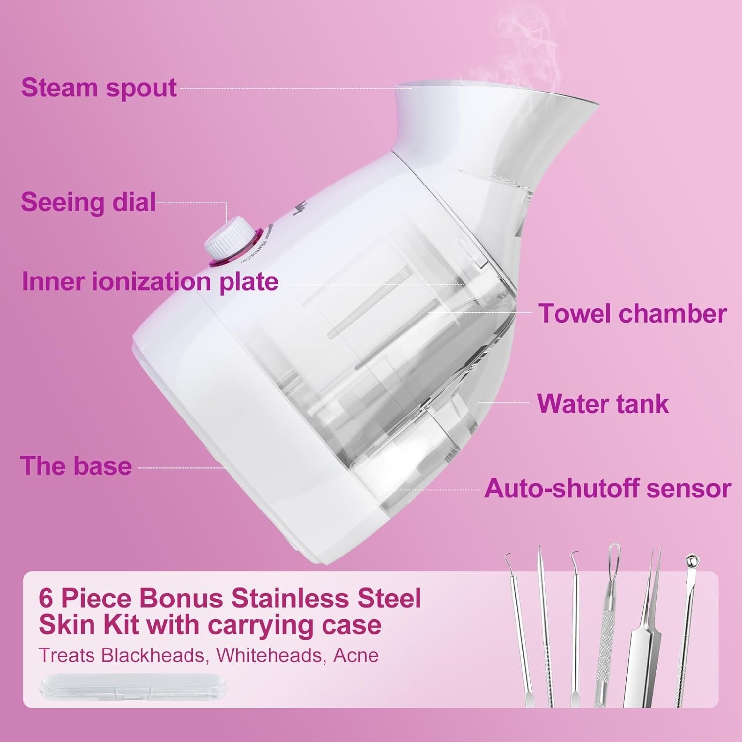 LARGE 3-IN-1 FACIAL STEAMER WITH SKIN CARE TOOLS – PINK
