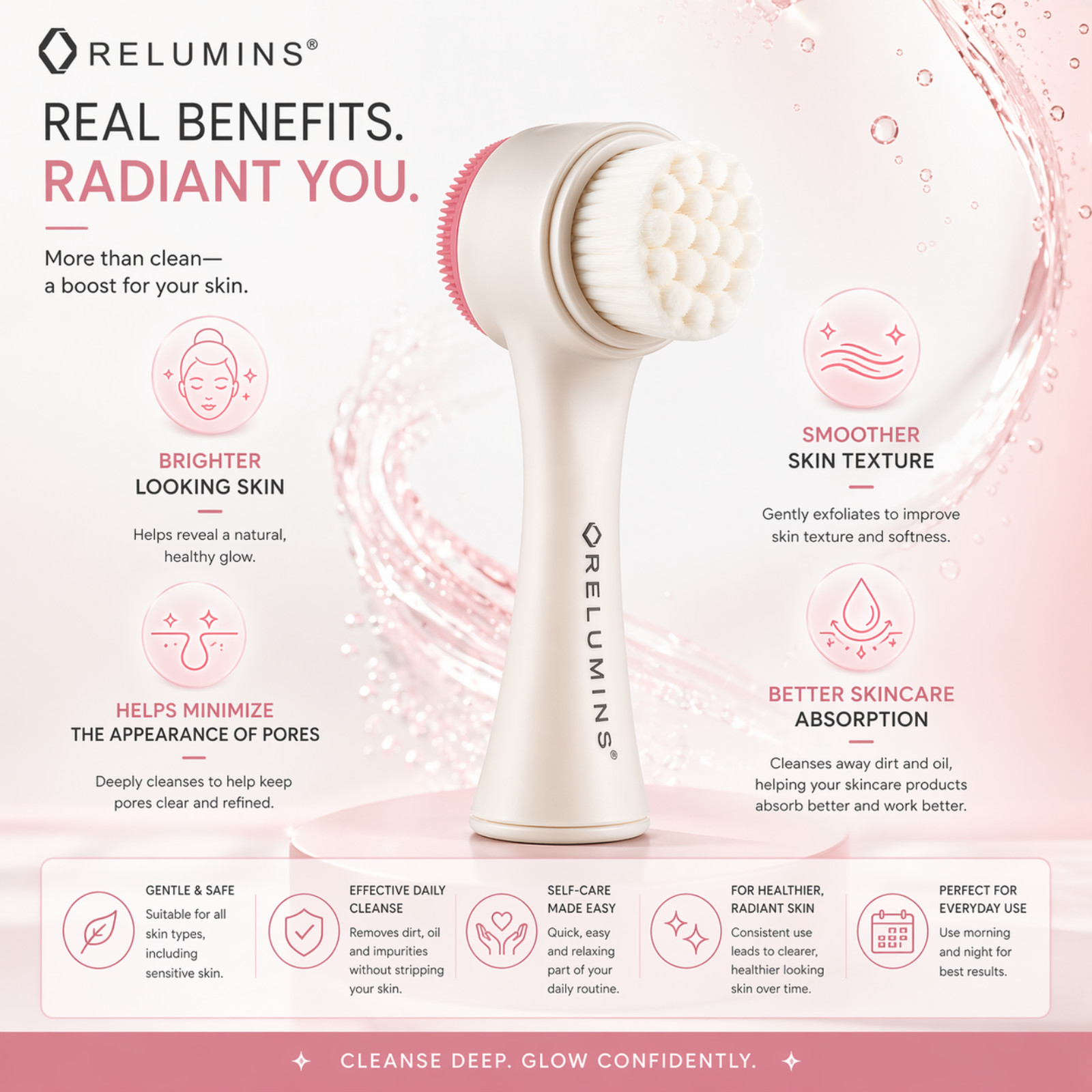 Relumins Face Brush – Facial Cleansing Brush for Smooth, Refreshed-Looking Skin