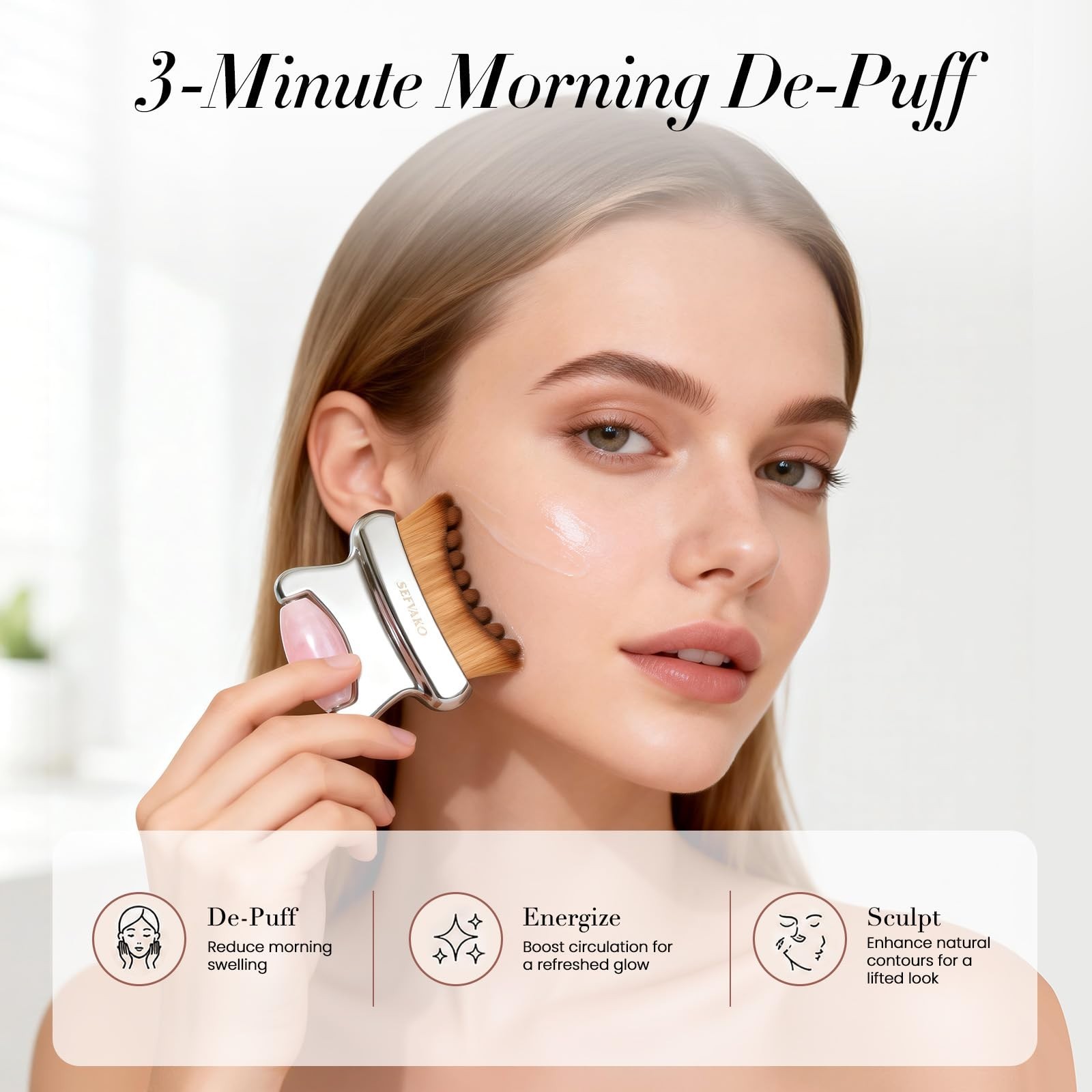 2-in-1 Lymphatic Drainage Face Brush & Rose Quartz Roller for Sculpting, Puffine