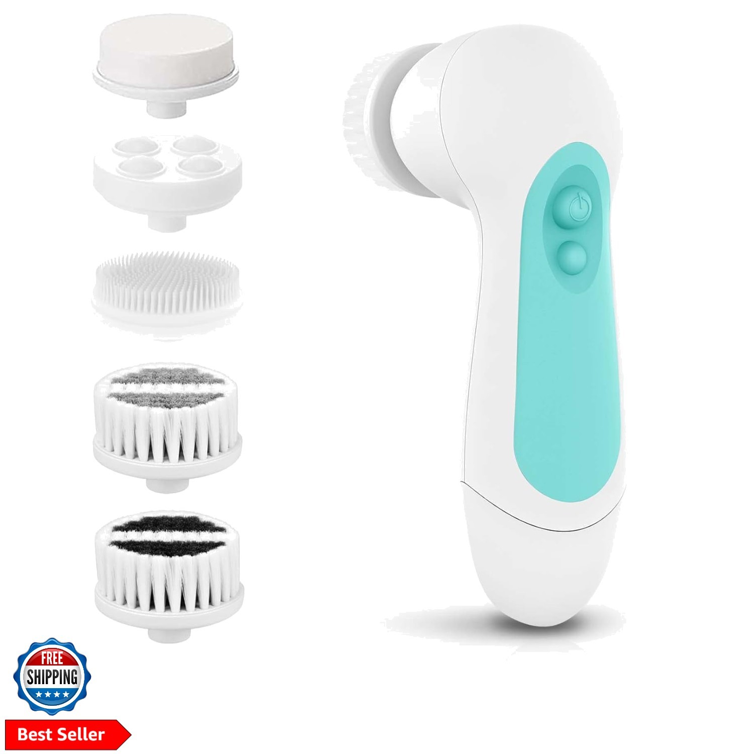 Waterproof Facial Cleansing Spin Brush Set with 5 Exfoliating Brush Heads – E…