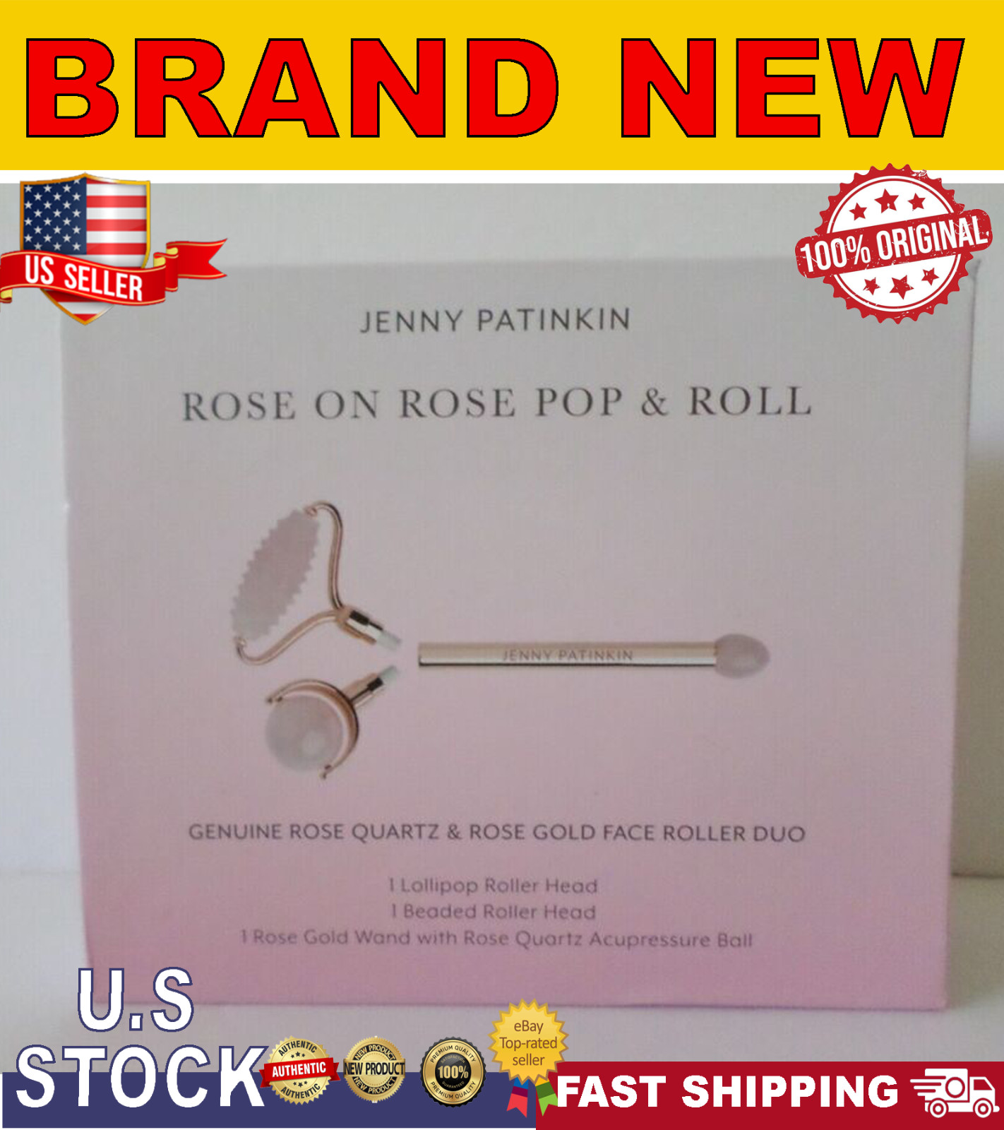 Jenny Patinkin Rose on Rose Pop & Roll Dermar Roller Genuine Rose Quartz NEW