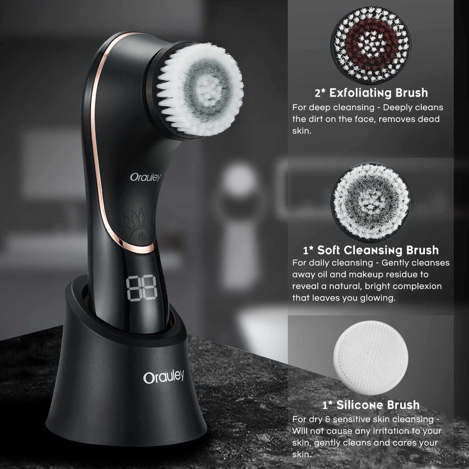 Facial Cleansing Brush, Electric Face Scrubber Rechargeable Black & Rose Gold