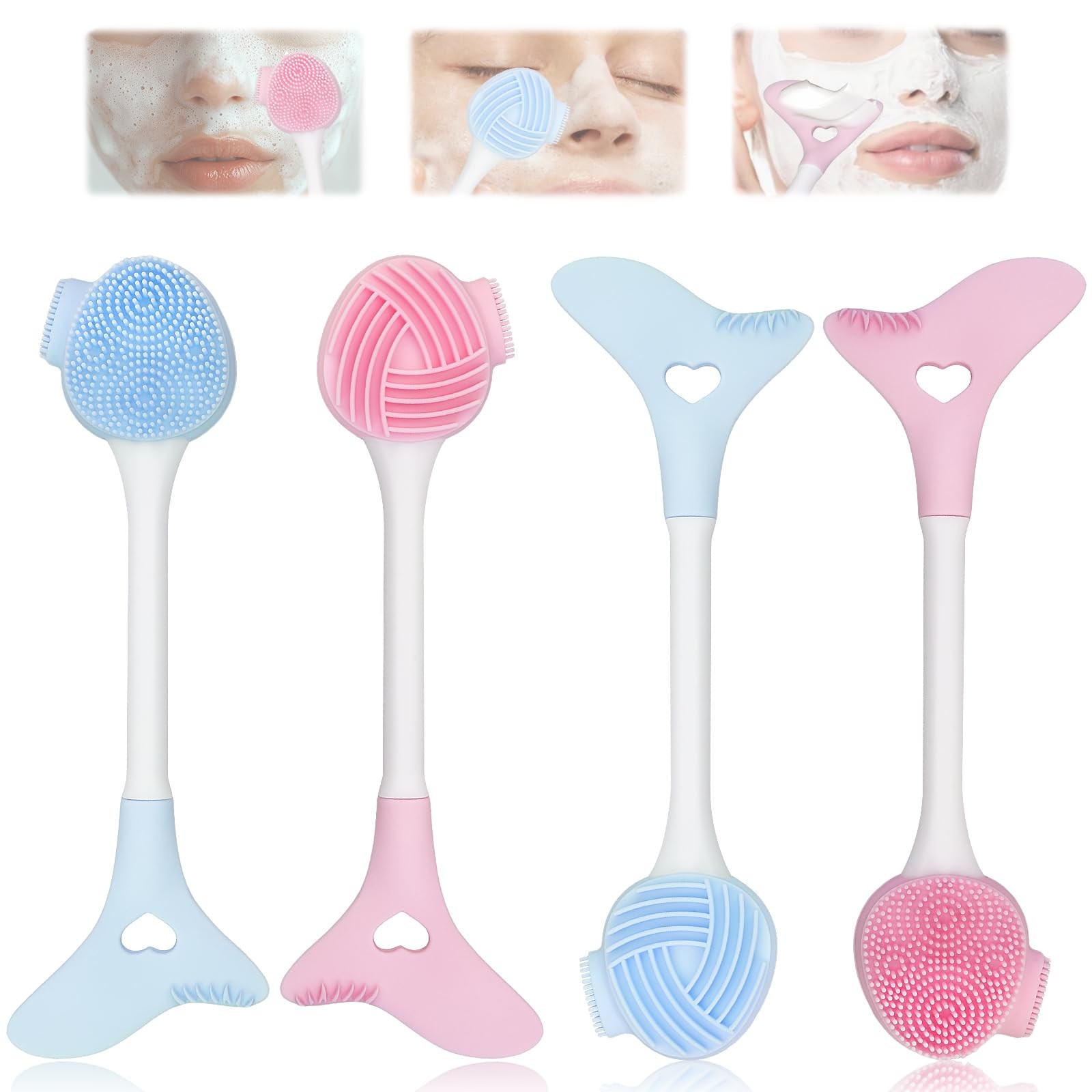 Dexspoeny 4PCS 2 in 1 Double-Sided Facial Cleansing Brush, Pink and Blue