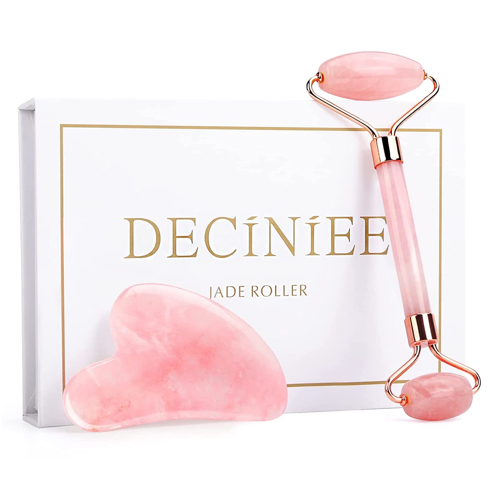 Deciniee Gua Sha Face Roller Tools: Jade Facial 2 Piece Set, Pink