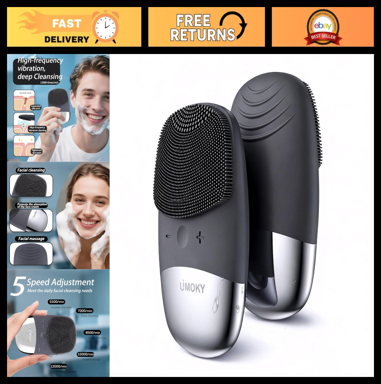 3-in-1 Electric Facial Cleansing Brush – Waterproof Silicone Scrubber, USB Recha