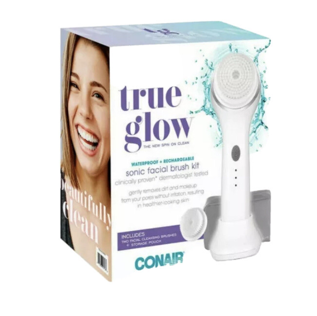 True Glow by Conair Waterproof+Rechargeable Facial Brush with UV Sterilizer NEW