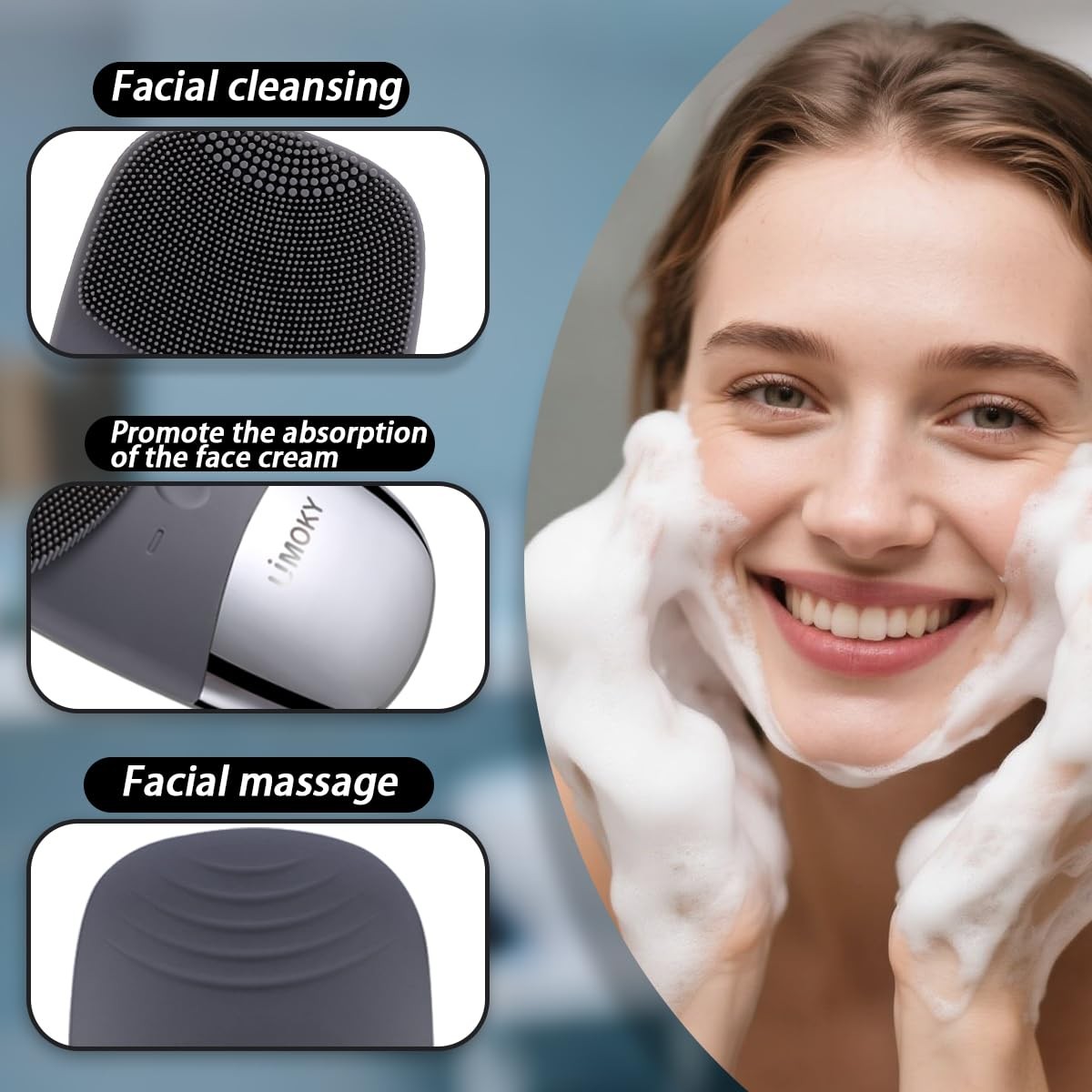 Cleansing Brush, 3-in-1 Silicone Scrubber, Vibrating Massager, IPX7 Waterproo…