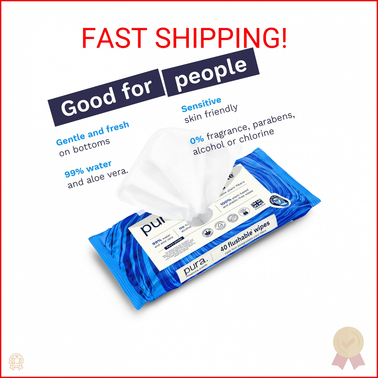 Pura Adult XL Flushable Unscented Wipes, 2 Packs of 40 Toilet Wipes (80 Wipes) A