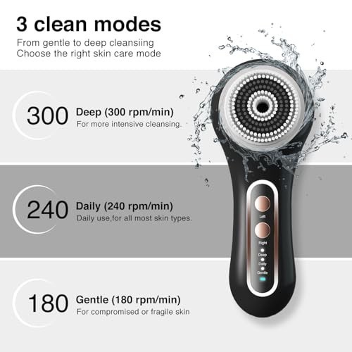 Electric Facial Cleansing Brush – 2-Way Rotating Scrubber, 3 Modes, 5 Heads, Wat
