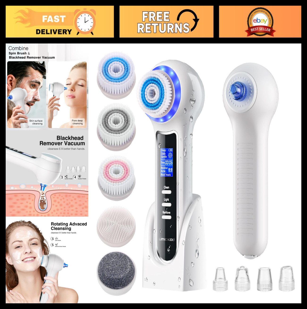 3-in-1 Facial Cleansing Brush & Blackhead Remover, Waterproof Face Scrubber, Dee