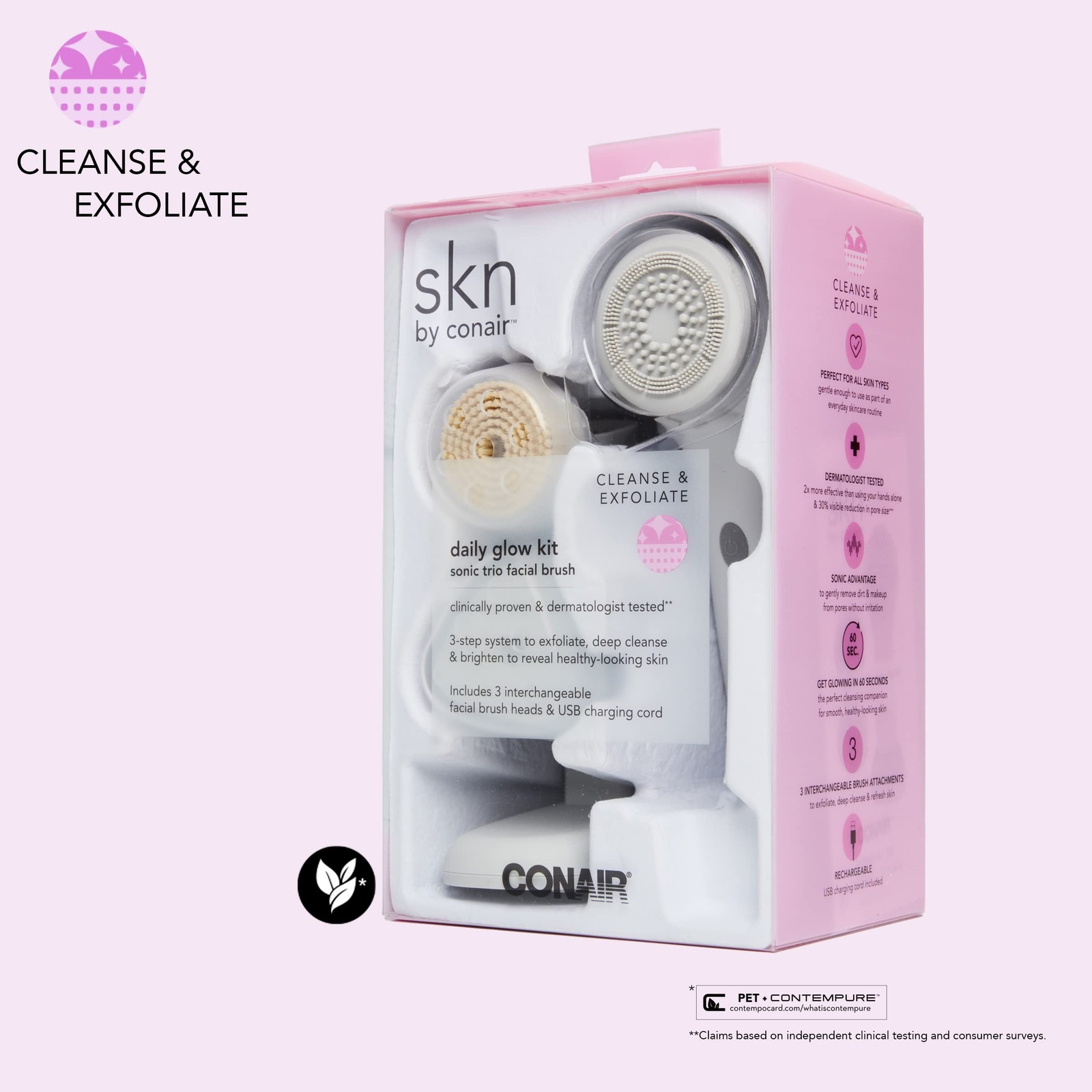 Conair Facial Brush, Daily Glow Kit, Cleanse & Exfoliate -Includes 3 Attachments