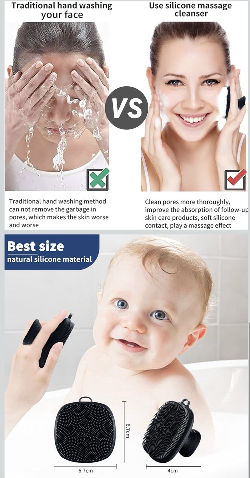 Silicone Facial Cleansing Brush Manual Exfoliating Massaging Scrubber Black