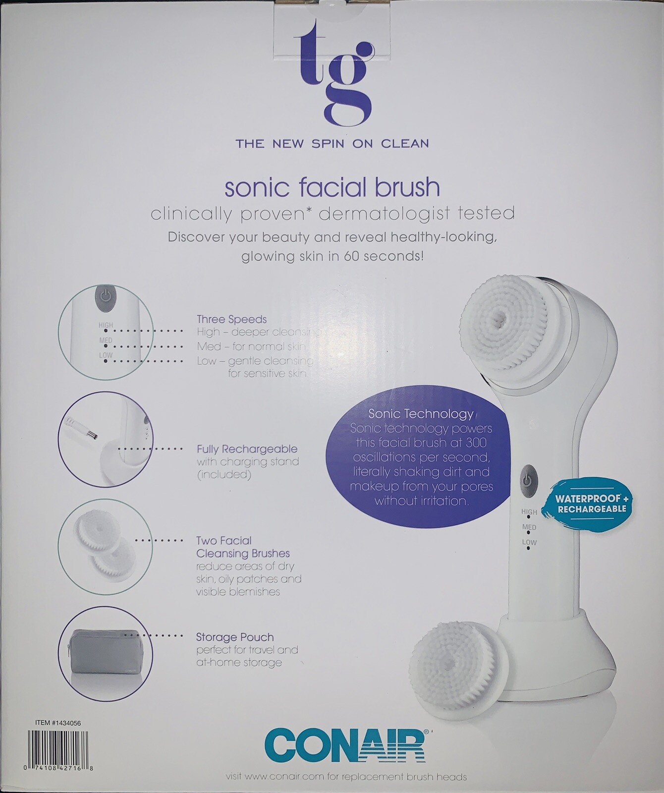 True Glow by Conair Waterproof+Rechargeable Facial Brush with UV Sterilizer NEW