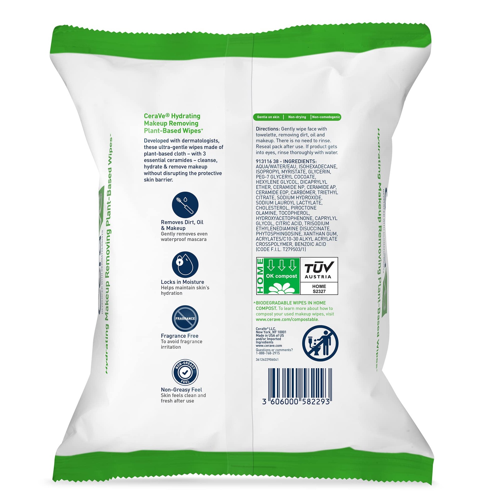 CeraVe Makeup Remover Wipes, Plant Based Face 1 Count (Pack of 25), GREEN