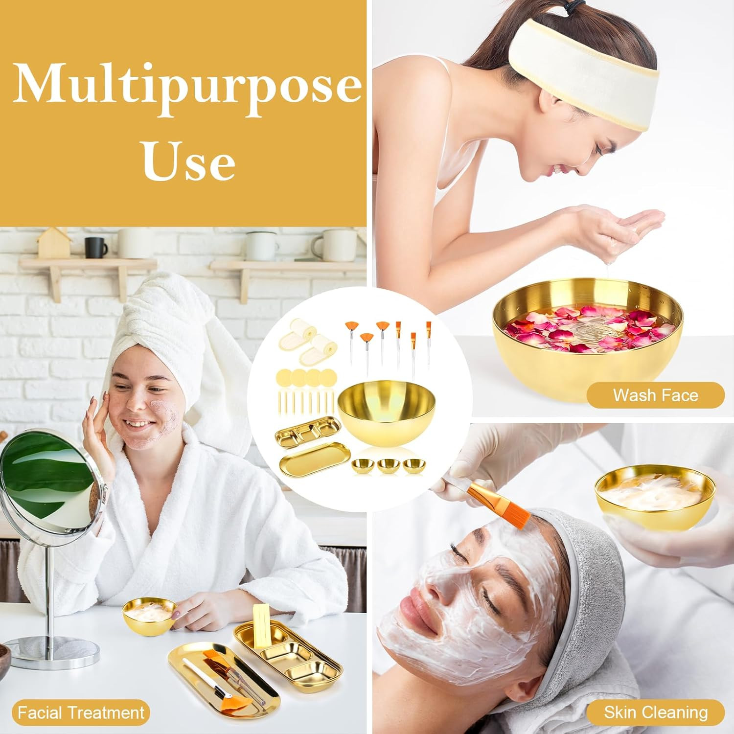 26 Gold Esthetician Supplies 3 Fan Brushes Esthetician 3 Facial Mask Mixing Bowl