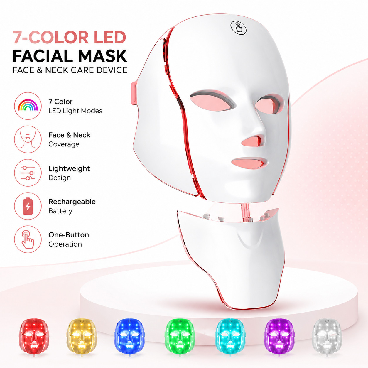 7-Color LED Facial Mask Face Neck Beauty Device Light Therapy Skin Care Tool