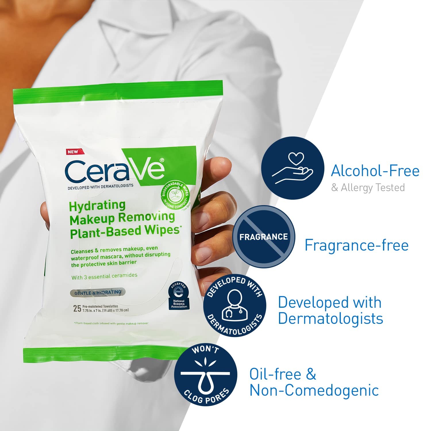 CeraVe Makeup Remover Wipes, Plant Based Face 1 Count (Pack of 25), GREEN