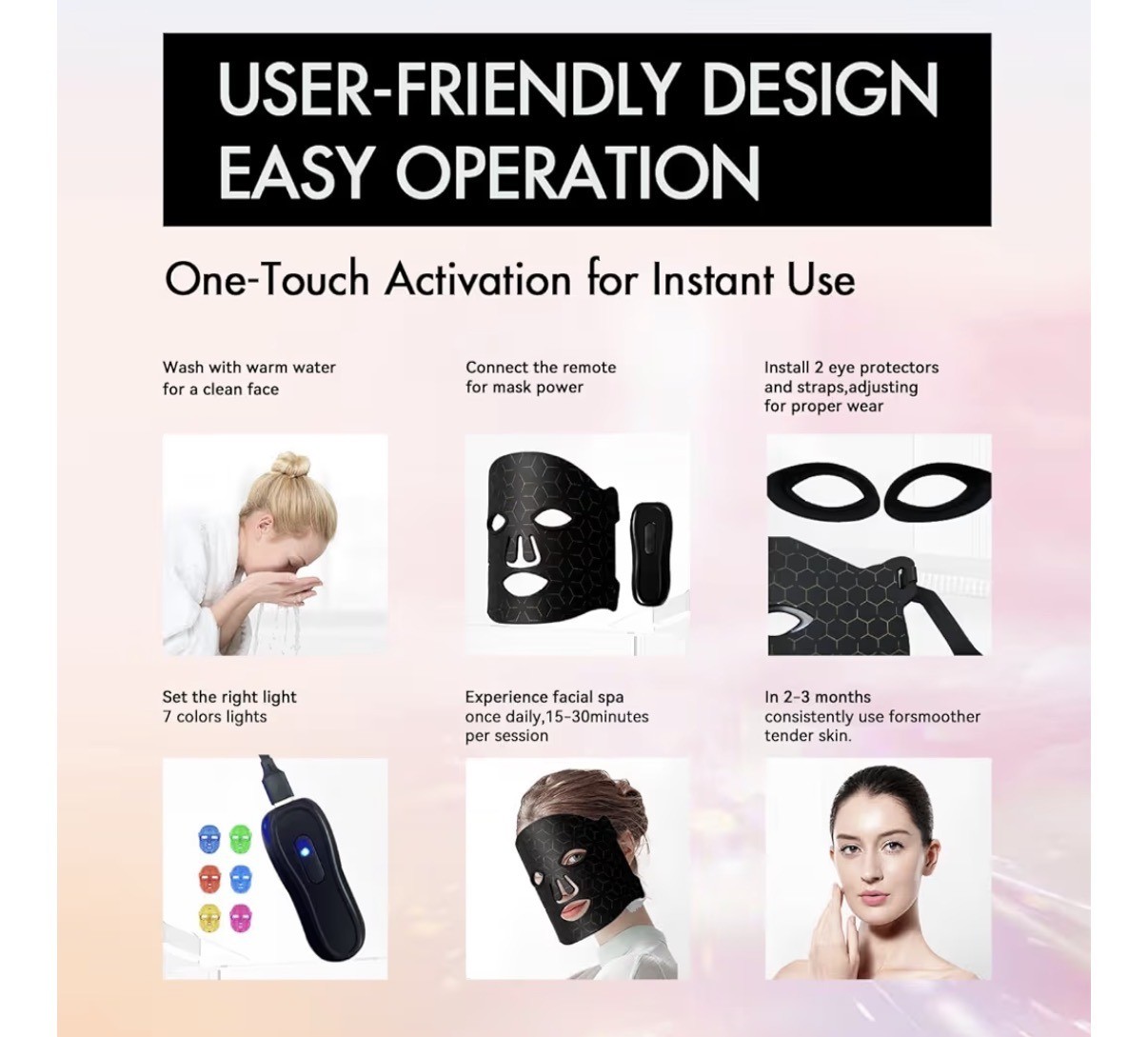 Silicone LED Facial Mask Light Therapy Device 7 Color USB Rechargeable Black