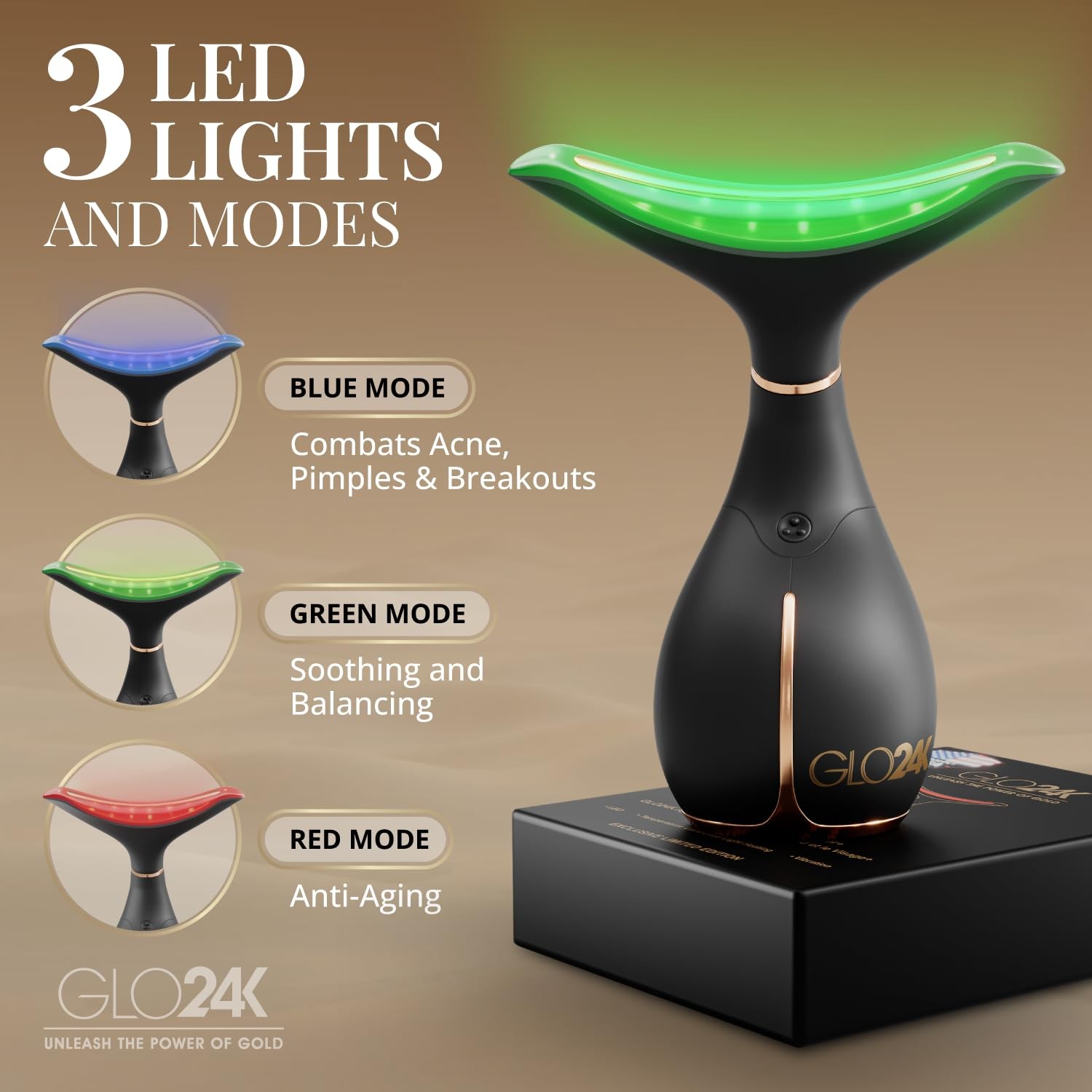 GLO24K Red Light Face & Neck Beauty Device – 3-in-1 Facial Massager Tool with LE
