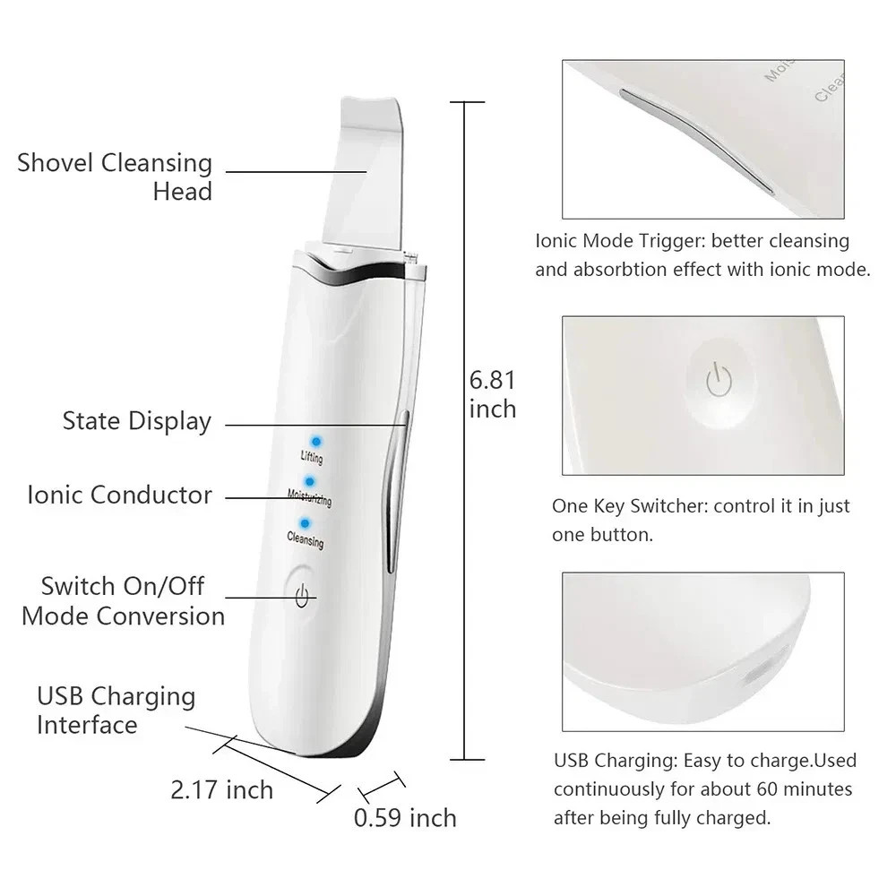 3-in-1 Ultrasonic Facial Spatula for Deep Cleansing, Electric Ultrasonic Skin Sc