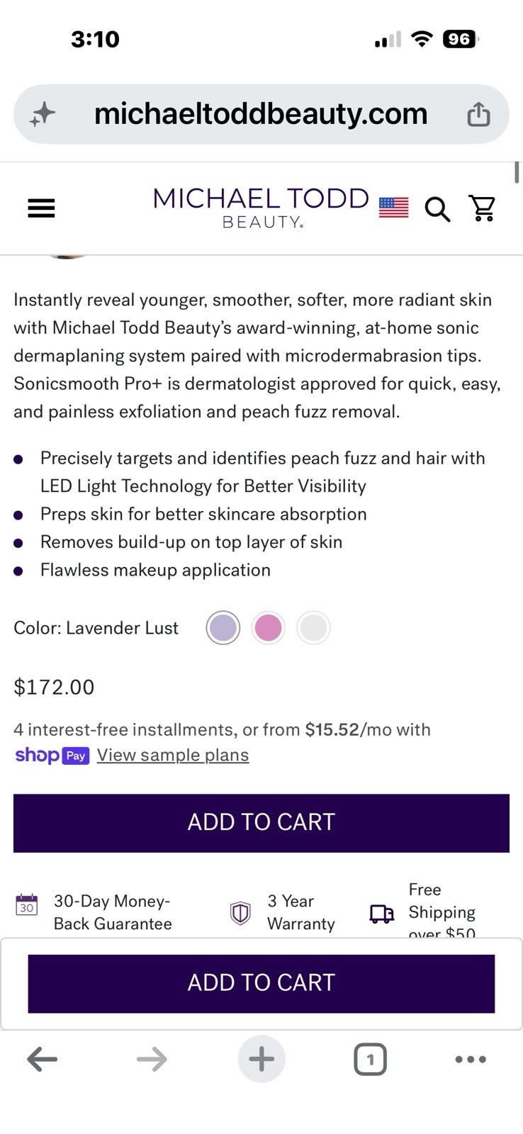 Michael Todd Beauty SonicSmooth Pro+ Facial Toning Device Lavender, 3 Speed