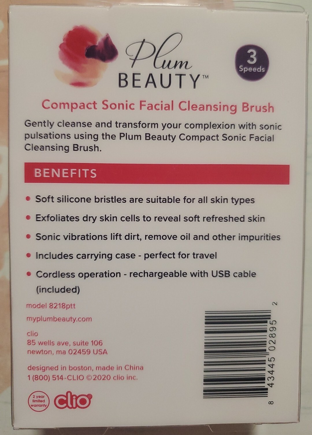 Plum Beauty Compact Sonic Facial Cleansing Brush Silicone Rechargeable w/ USB