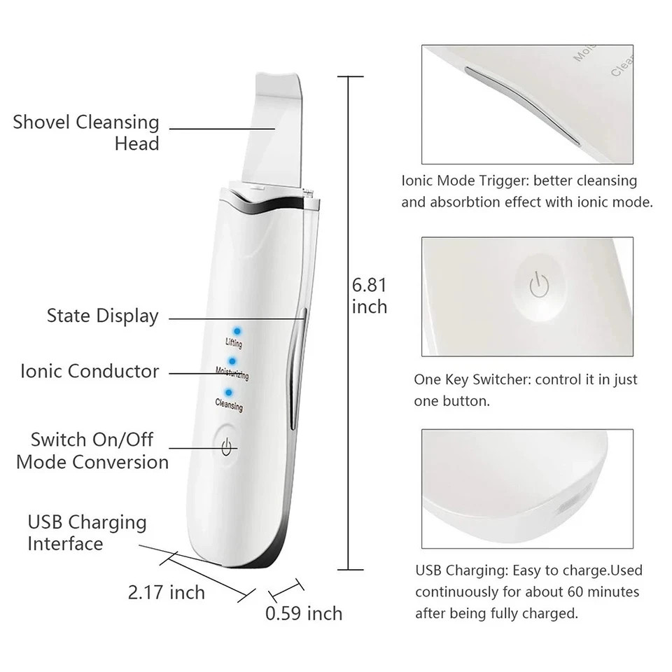 3-in-1 Electric Ultrasonic Facial Deep Skin Cleaning Scrubbing Machine White