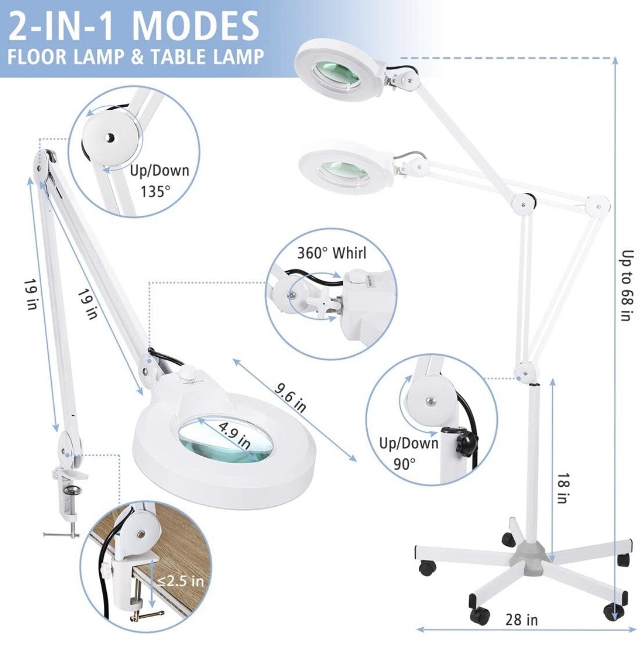 Magnifying Floor lamp with 5 Wheels Rolling Base for Estheticians, Lash techinic
