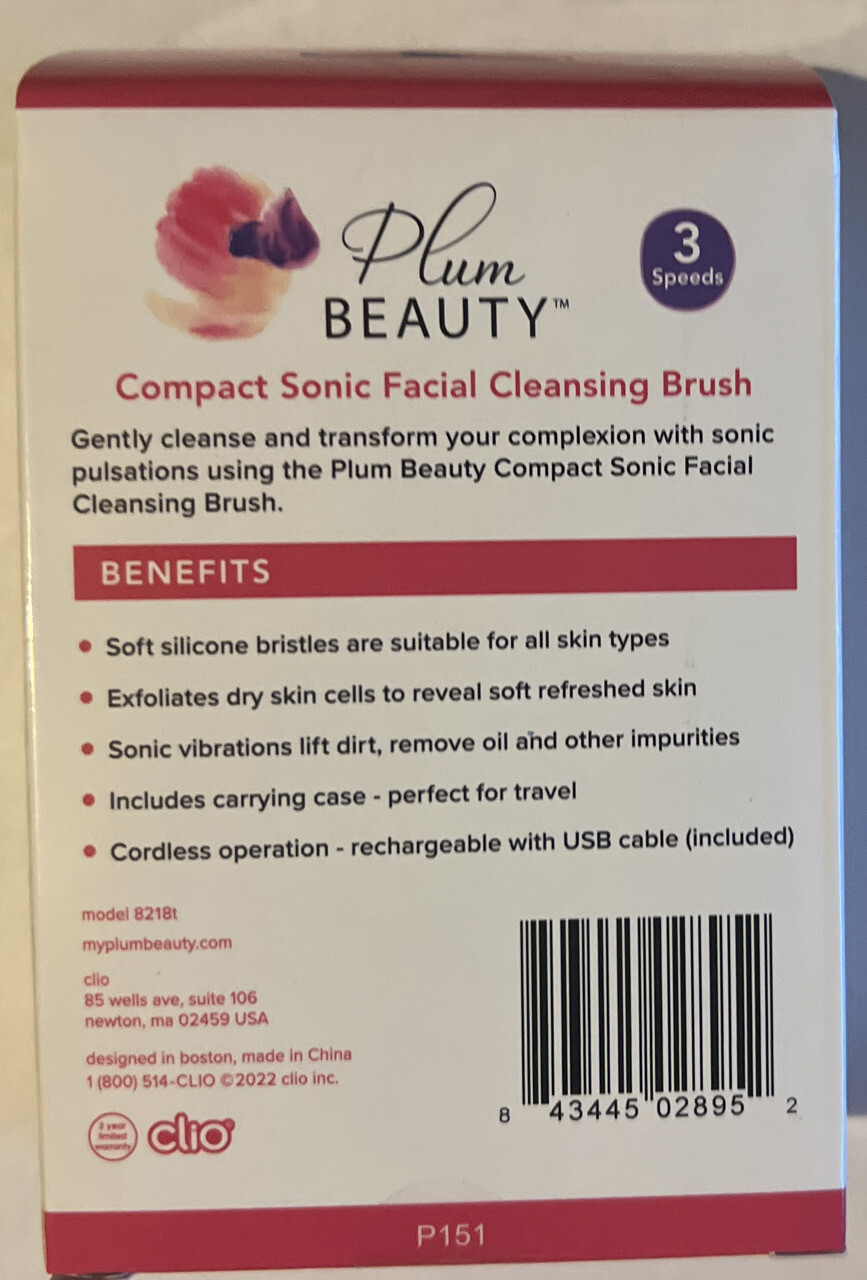 Plum Beauty Compact Sonic Facial Cleansing Brush 3 Speeds Cordless