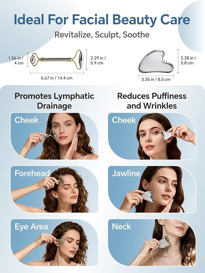 Stainless Steel Face Roller & Gua Sha Massager for Jawline Puffiness