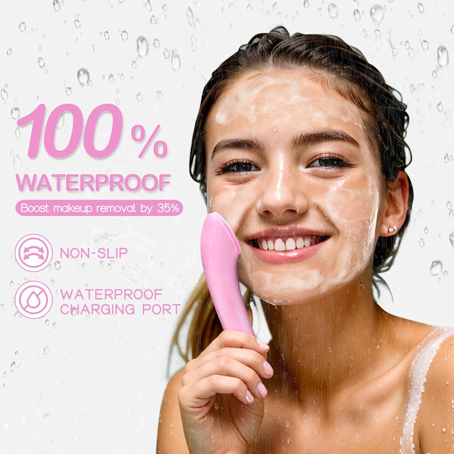 PRITECH Silicone Facial Cleansing Brush Rechargeable Waterproof Pink