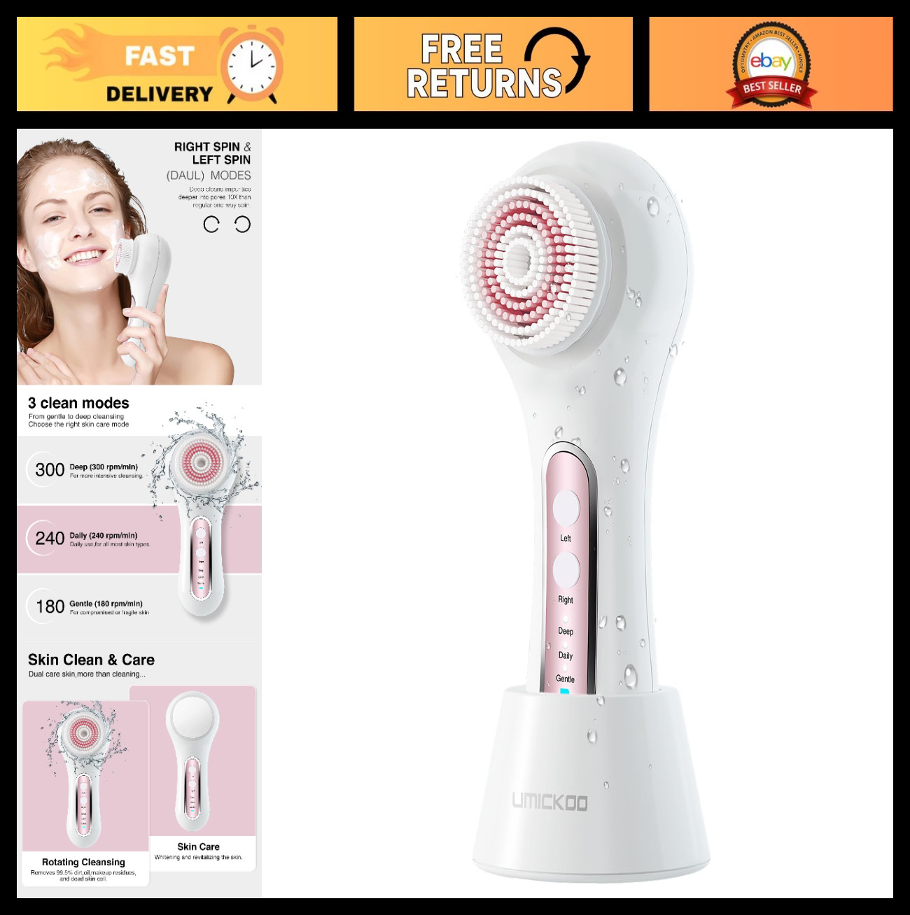 Electric Facial Cleansing Brush – 2-Way Rotating Scrubber, 3 Modes, 5 Heads, Wat