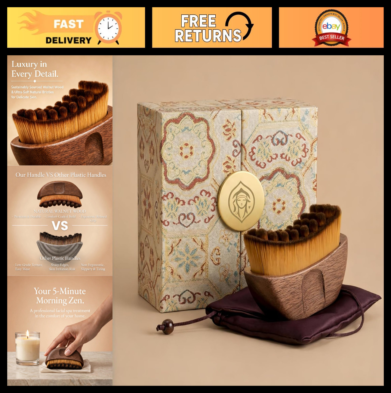 Lymphatic Drainage Face Brush – Wooden Handle, Soft Bristles, Gift Boxed for Mom