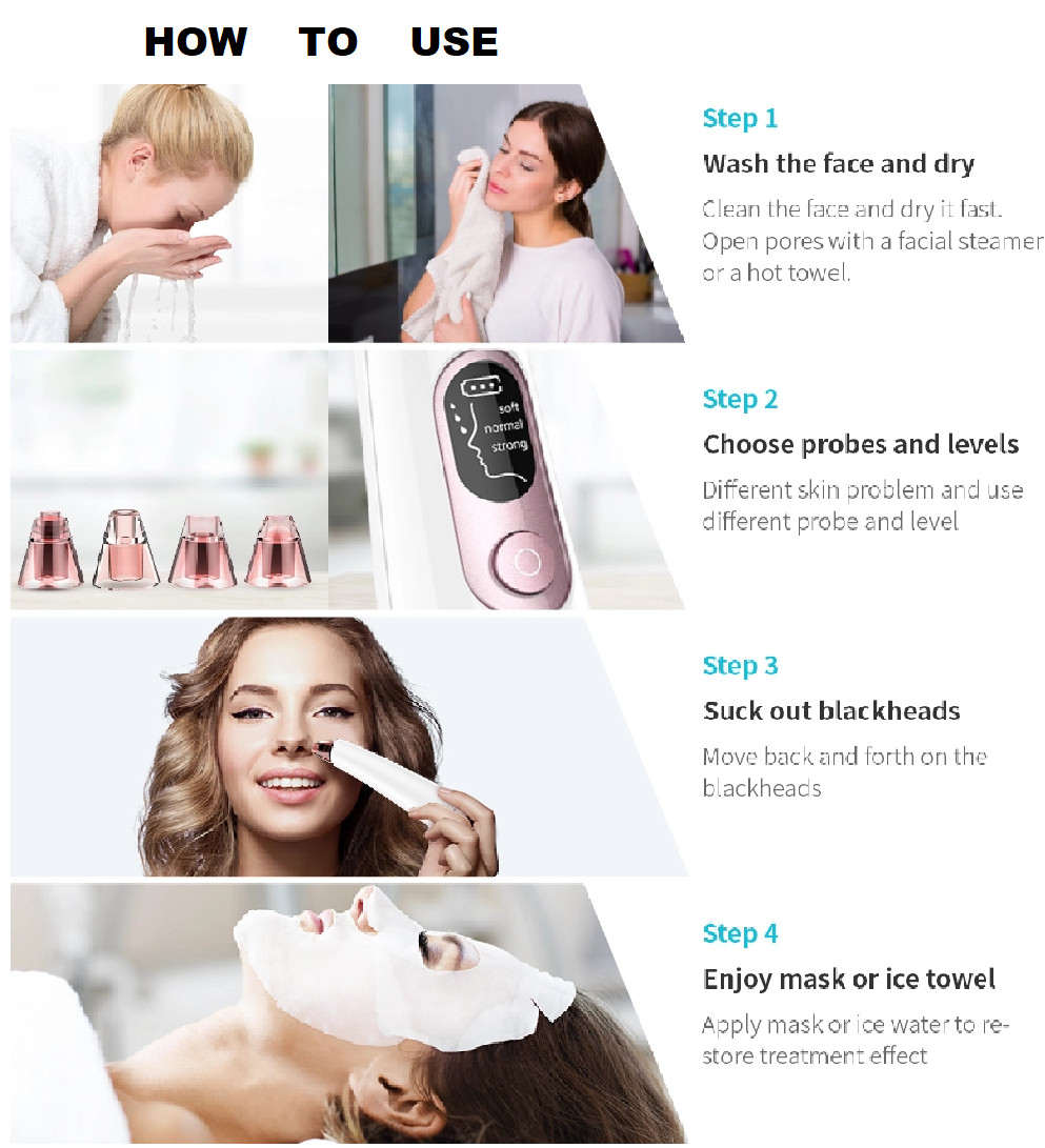 Blackheads Remover Facial Skin Pore Acne Remover Rechargeable 4 Suctions