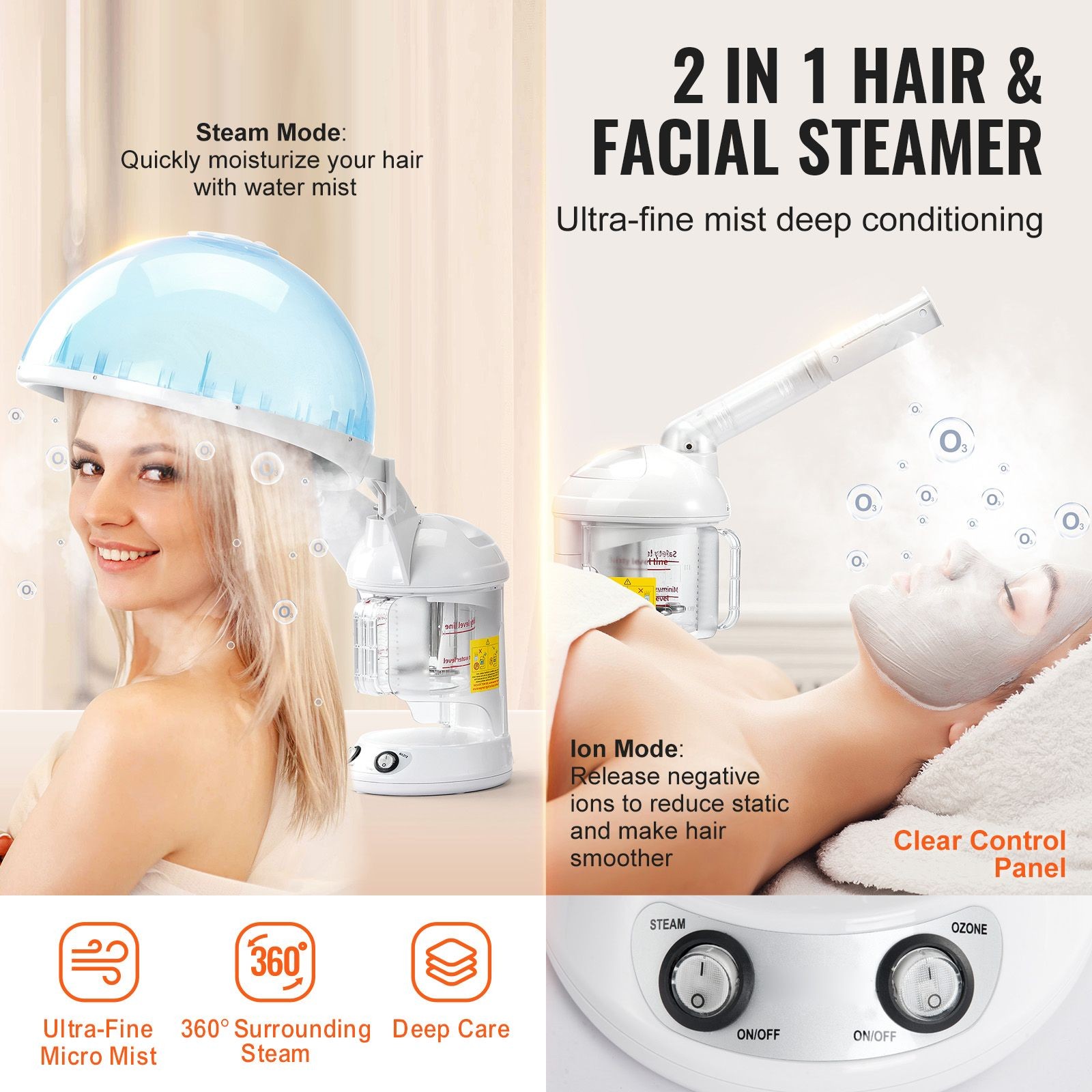2-in-1 Hair & Facial Steamer with Detachable Bonnet