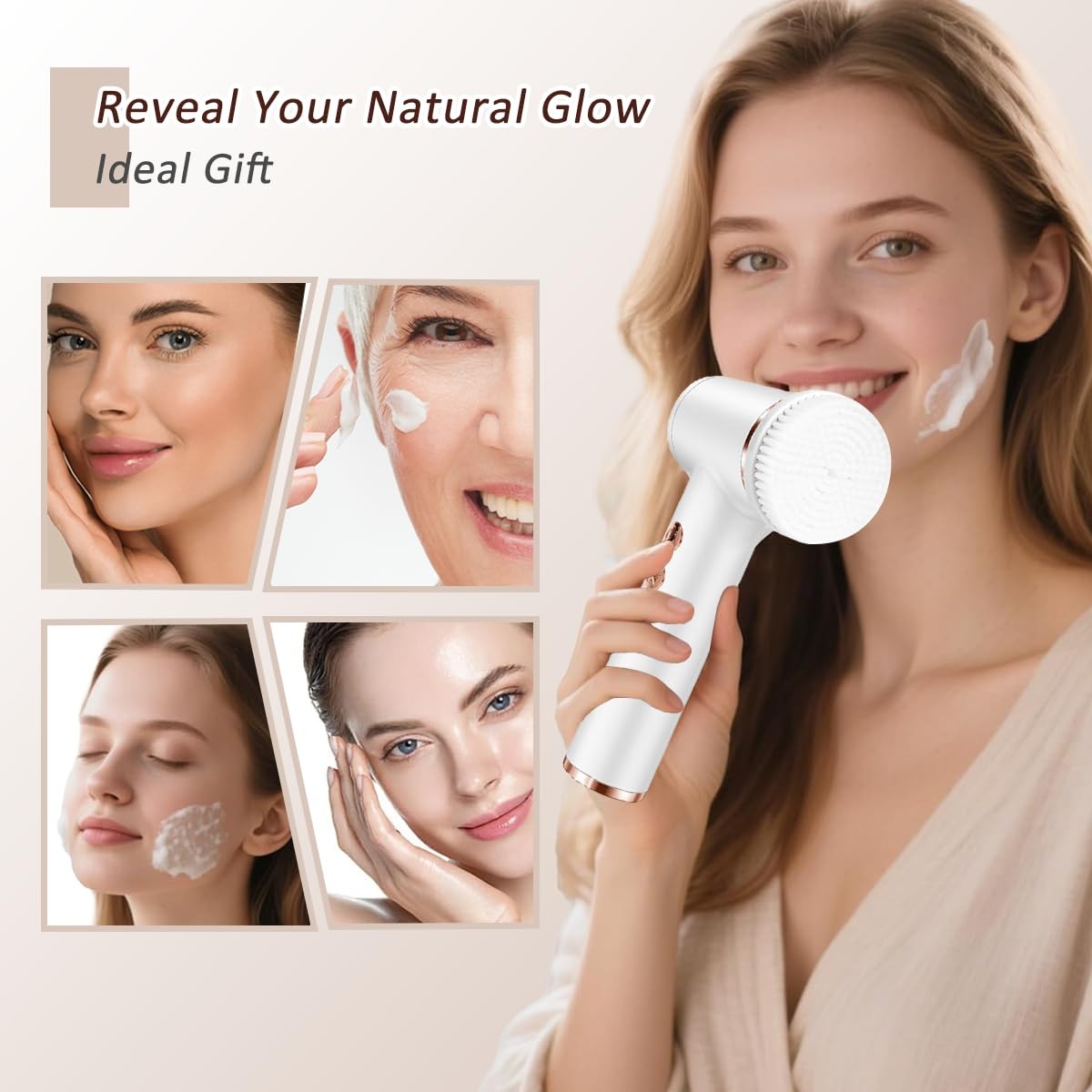 4 in 1 Facial Cleansing Brush, Electrical Face Wash Brush with 5 Speed White