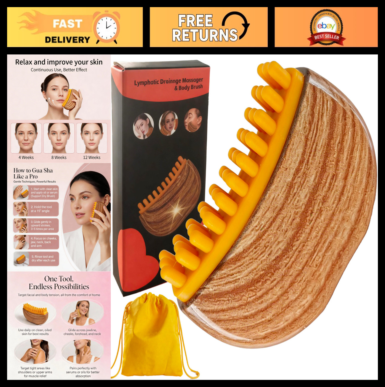 Lymphatic Drainage Face Brush & Massager – Guasha Tool for Puffiness Relief