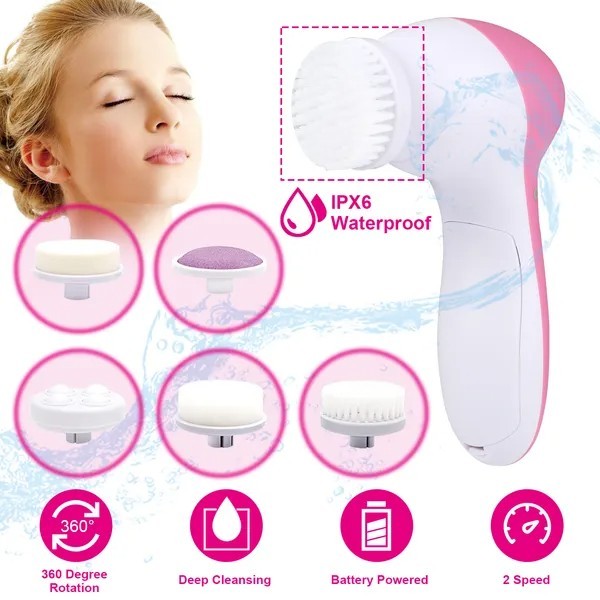 Electric Facial Cleansing Brush Waterproof Spin Face Cleaner 5 Heads Skin Care
