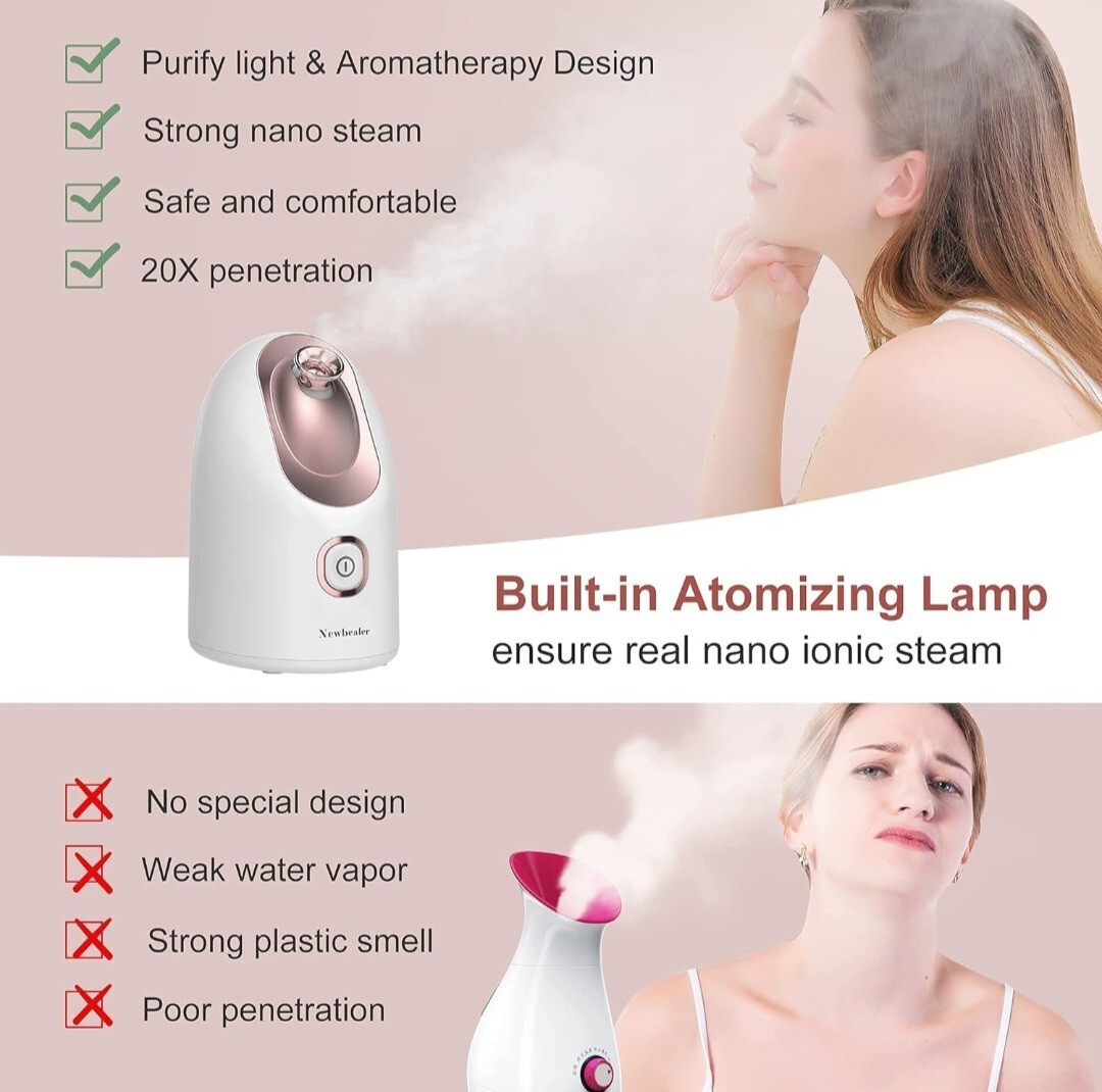 Newbealer Mini Aroma Face Steamer, Nano Ionic Hot Mist Humidifier, New Open-box