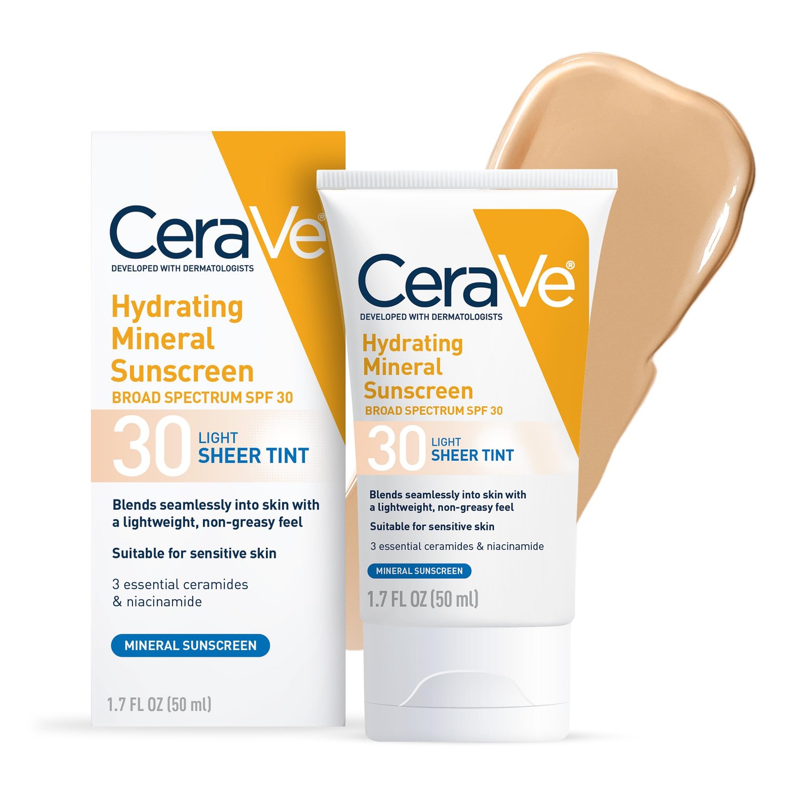 CeraVe Hydrating Mineral Sunscreen SPF 30 with 1.7 Fl Oz (Pack of 1), Light