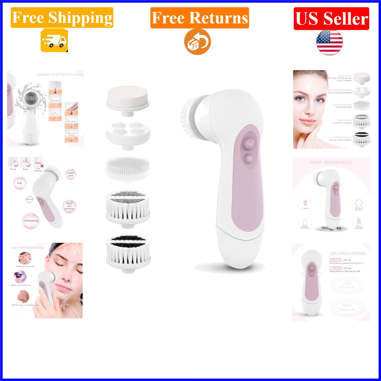 Blush Waterproof Spin Brush Set with 5 Heads, Battery-Powered, 2 Speeds