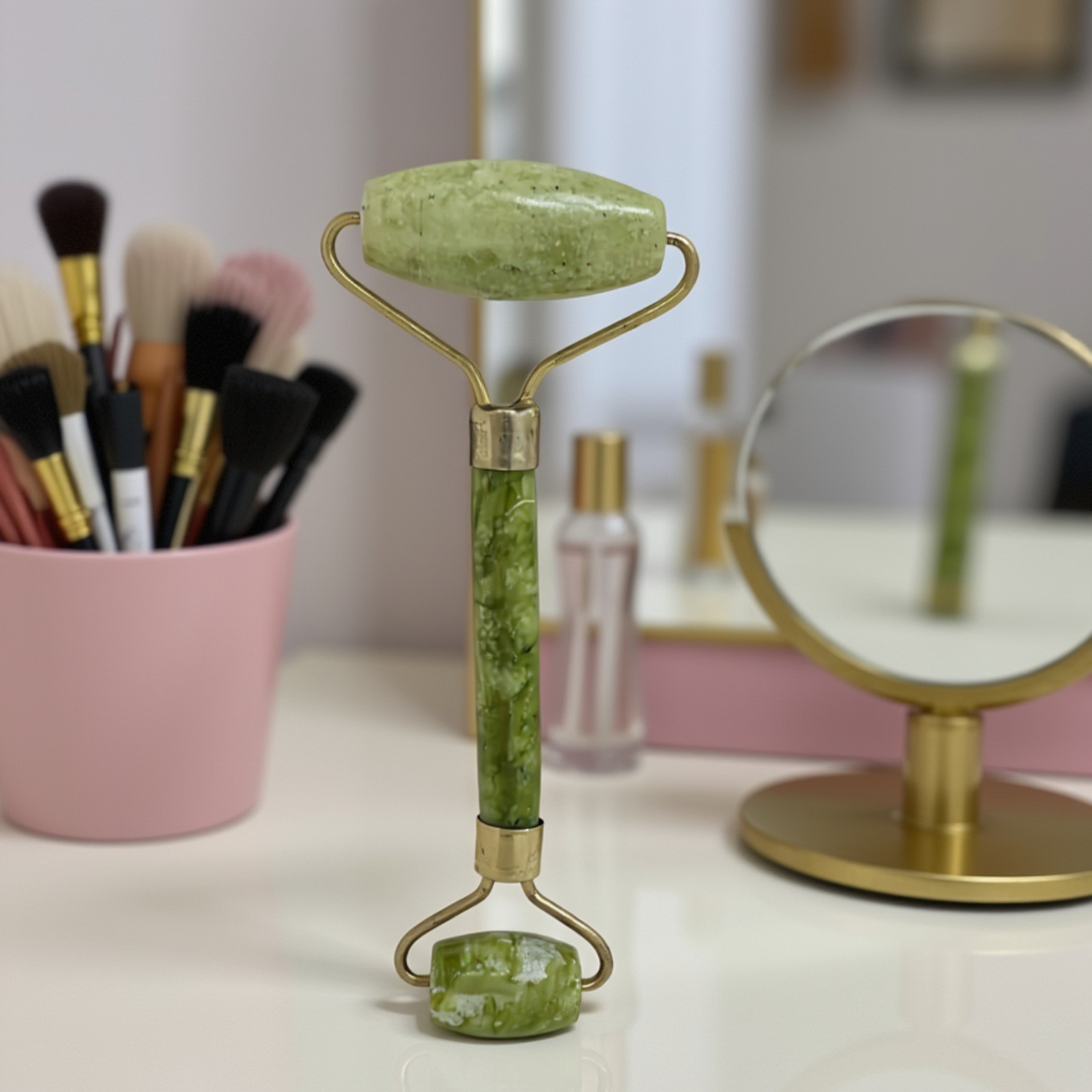 Natural Real Jade Facial Roller – Light Green Stone, Cooling Massage