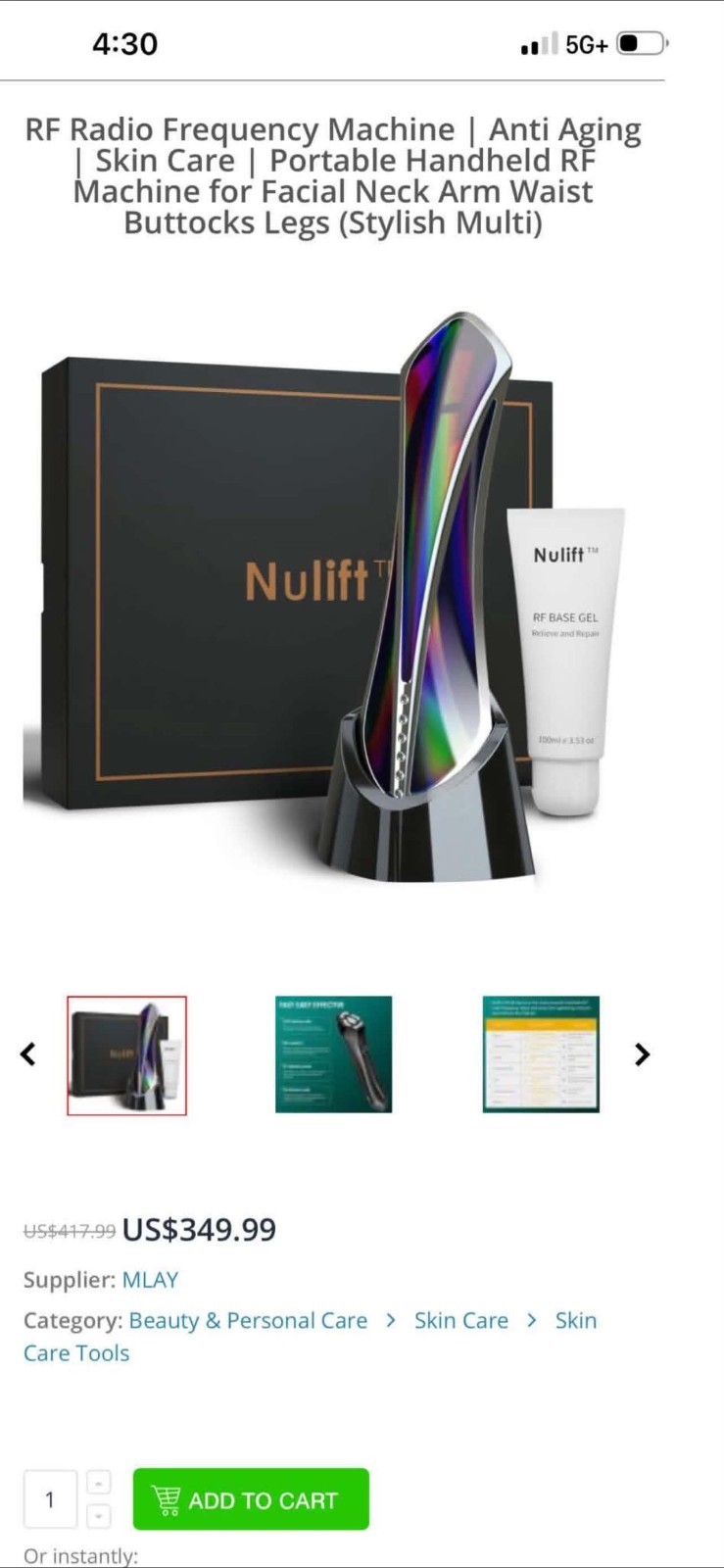Nulift NL06 NL-06 RF Radio Frequency Facial Device for Wrinkles w/ Base Gel