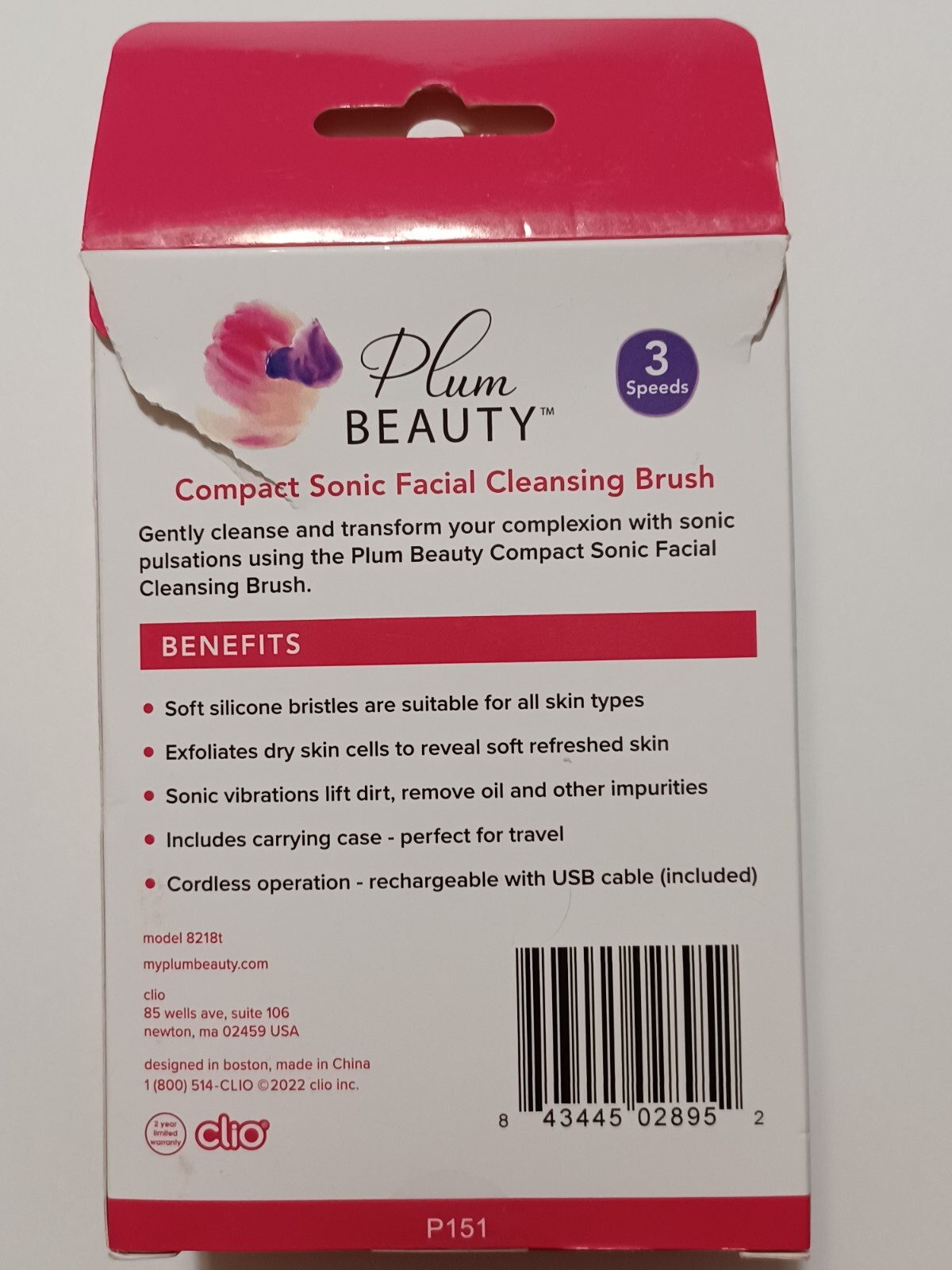 Plum Beauty Compact Sonic Facial Cleansing Brush 3 Speeds Cordless