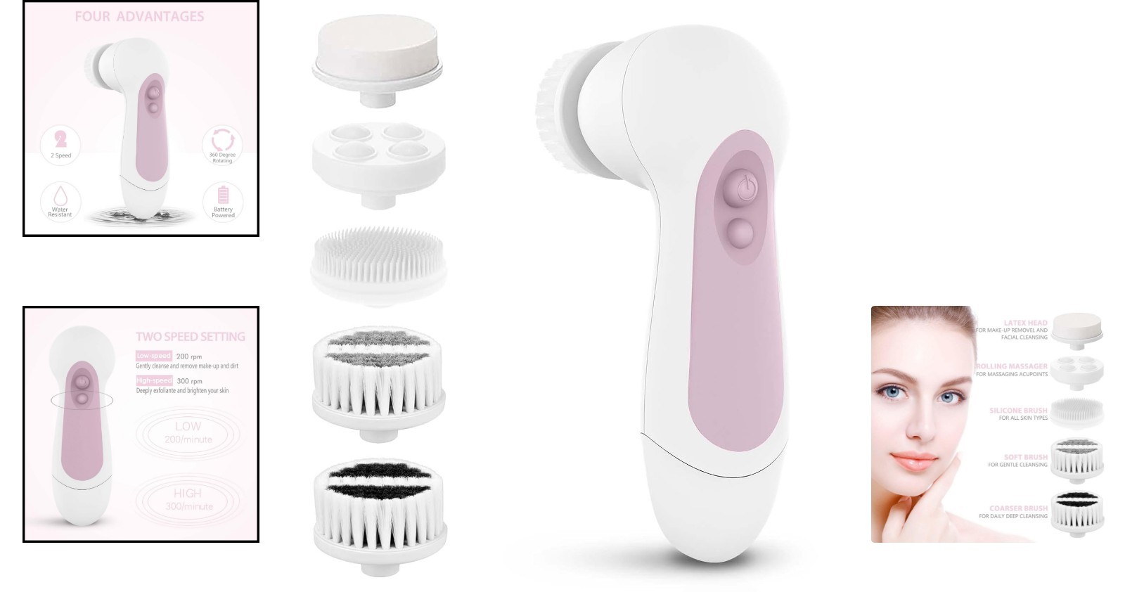 Compact Facial Cleansing Brush Set – Blush Color with 5 Interchangeable Heads
